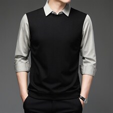 男装针假两件衬衫男士2023春季翻领条纹袖中年休闲打底衫织，男装衬衫，电商B212（原钱塘6029）