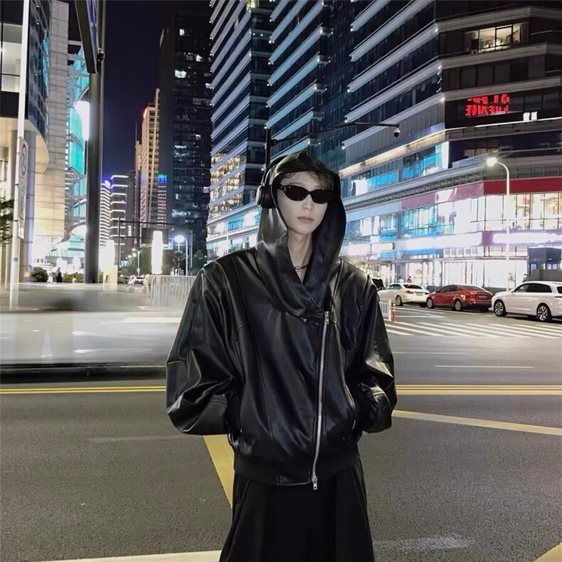 HT97-P65欧美嘻哈街头拉链解构连帽皮衣外套男小众潮牌高级感,男装皮衣,电商B323A