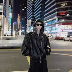 HT97-P65欧美嘻哈街头拉链解构连帽皮衣外套男小众潮牌高级感，男装皮衣，电商B323A