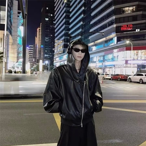 HT97-P65欧美嘻哈街头拉链解构连帽皮衣外套男小众潮牌高级感