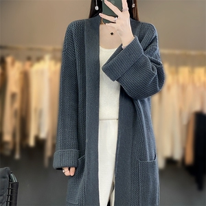 重磅中长款加厚100纯羊毛开衫女秋冬V领过膝羊绒衫宽松慵懒风外套图片