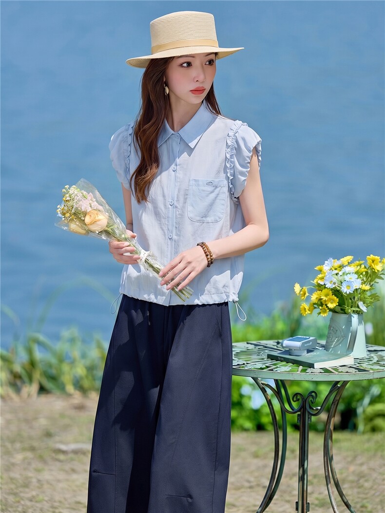 2026年夏季新款木耳边甜美衬衫阔腿裤两件套套装女,女装套装/套裙,依路服饰