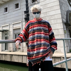 高品质秋冬男针织衫圆领毛衣条纹渐变色扎染破洞外套M70P60，男装针织衫/毛衣，星座1013-1