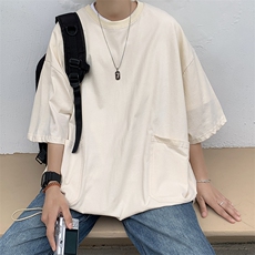 纯色潮牌日系ins宽松嘻哈设计感大口袋男士短袖T恤韩版潮流五分袖，男装T恤，星座601-2