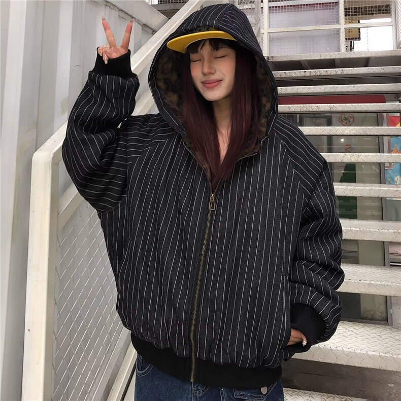 现货美式宽松复古条纹豹纹连帽棉服外套男5039特P100,男装棉衣,星座205-3