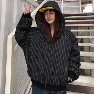 现货美式宽松复古条纹豹纹连帽棉服外套男5039特P100,蓝色背心裙子怎么搭配图片欣赏图片