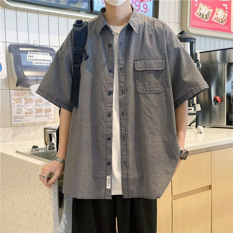 ER2351-P35 夏日复古细格纹工装短袖衬衫男女新款ns潮牌衬衣外套图片