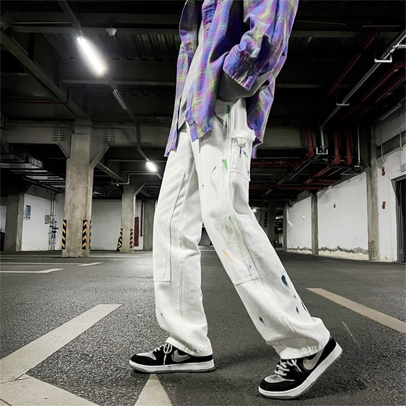 美式裤子高街ins潮vibe风街头工装白色阔腿泼墨牛仔裤男N0011-P45,男装牛仔裤,星座308B-1