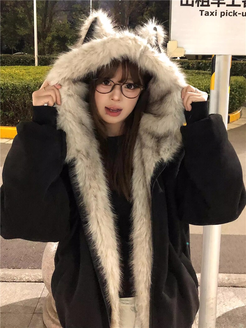 网图座山雕秋冬季连帽猫耳朵棉衣男女情侣装棉服外套潮流特P99,男装棉衣,电商C306-1