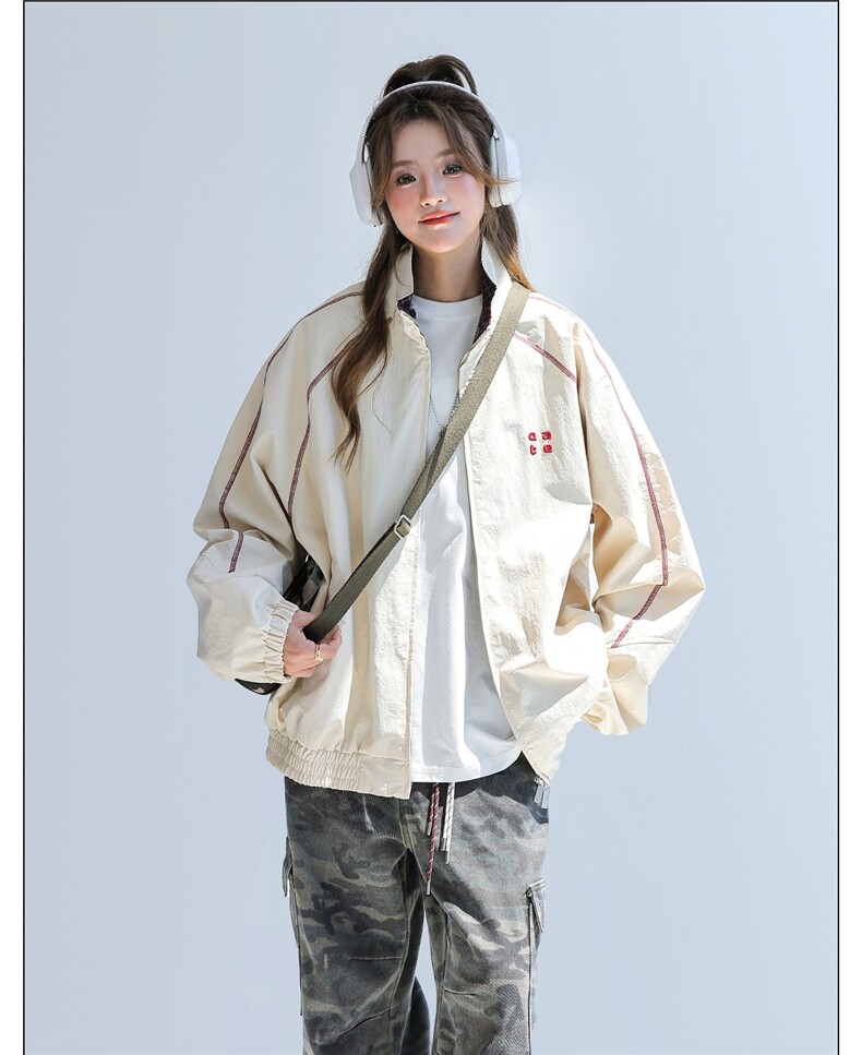 HY0831-P72明线立领拉链夹克女2025秋季新款宽松bf美式学院风外套,男装夹克,电商C233