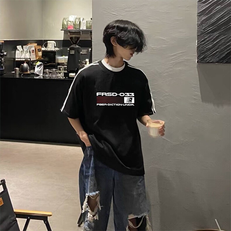 抖音得物高品质二开240克宽松纯棉美式潮牌三条杠织带短袖T恤,男装T恤,电商A486-1