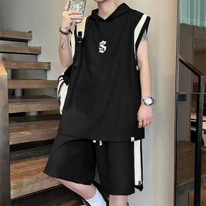 无袖套装男士韩版潮流拼色T恤连帽2024夏季宽松五分裤W5833-P50图片