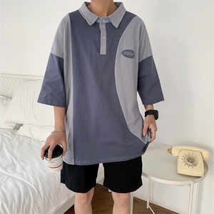 韩版夏季港风ins个性情侣拼接撞色Polo衫五分袖T恤男衫 T527-P30图片