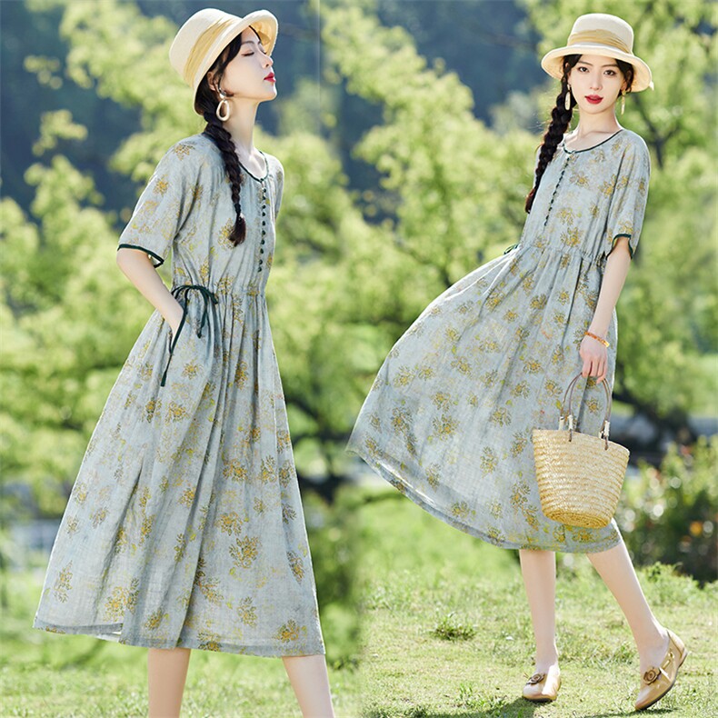 棉麻连衣裙2023夏装新款优雅收腰中长款复古文艺女裙，女装连衣裙，铭街依杨