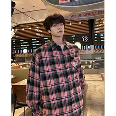 8XL-M印花黑粉格子衬衫男美式复古款式修饰衬衣外套情侣CS523P45，男装衬衫，电商D206-1