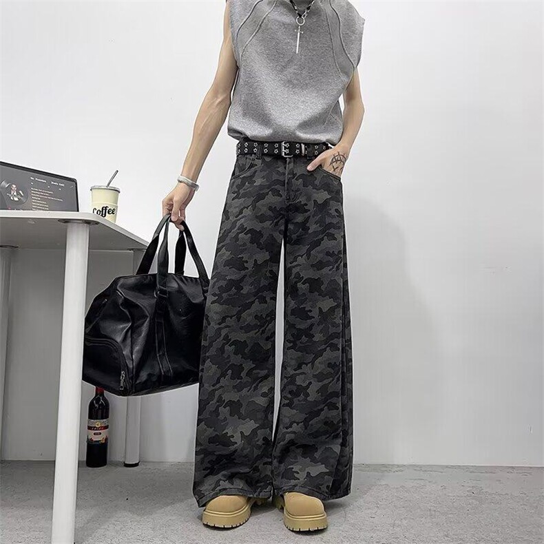 大码美式高街迷彩工装牛仔裤女2025新款直筒拖地裤子RK2923-P45,男装牛仔裤,星座412-3