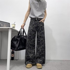 大码美式高街迷彩工装牛仔裤女2025新款直筒拖地裤子RK2923-P45，男装牛仔裤，星座412-3