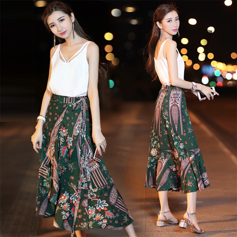 圆领无袖时尚气质韩版百搭优雅T恤+半身裙收腰花色套装/套裙2021年夏季，女装套装/套裙，奕阳依阁