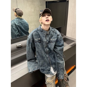 复古水洗垫肩拼接牛仔外套金属夹克设计感hiphop上衣LJK022-p78图片