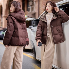 现货2024冬季新款百搭简约格子拼接连帽羽绒服外套，女装羽绒服，深水步