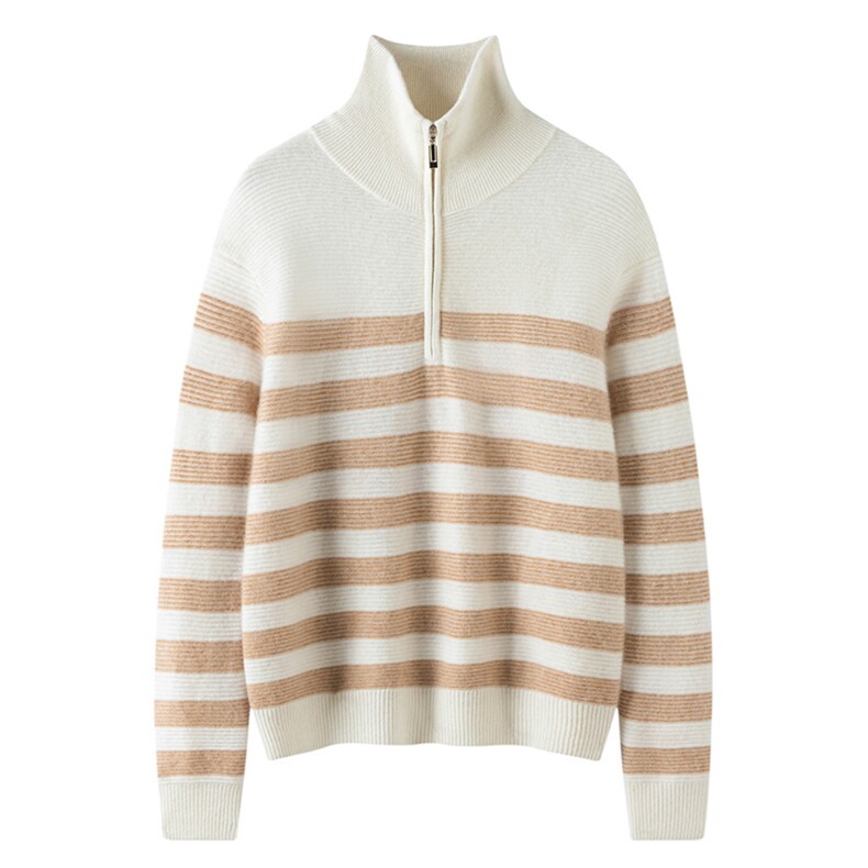 2025秋冬新款女羊绒衫100纯羊绒条纹POLO领羊绒套衫羊绒上衣卫衣，女装羊绒衫，珍丝贝尔