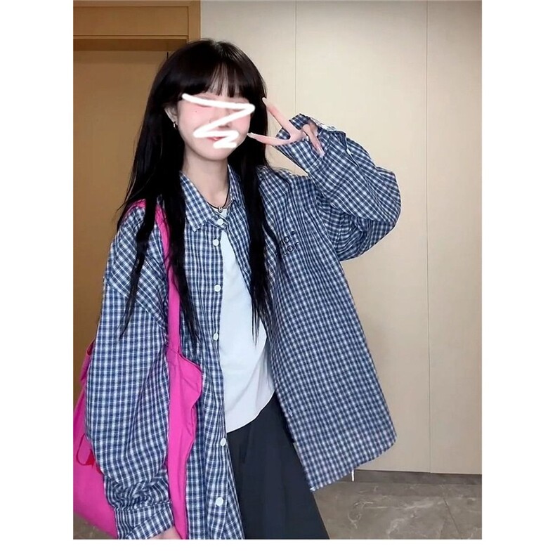 2025新款慵懒风蓝色格子衬衫女款高级感宽松休闲衬衣初春外套上衣,男装衬衫,星座506A