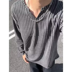 美式高街千鸟格子长袖T恤男女亨利V领英伦雅痞休闲宽松长袖打底衫图片