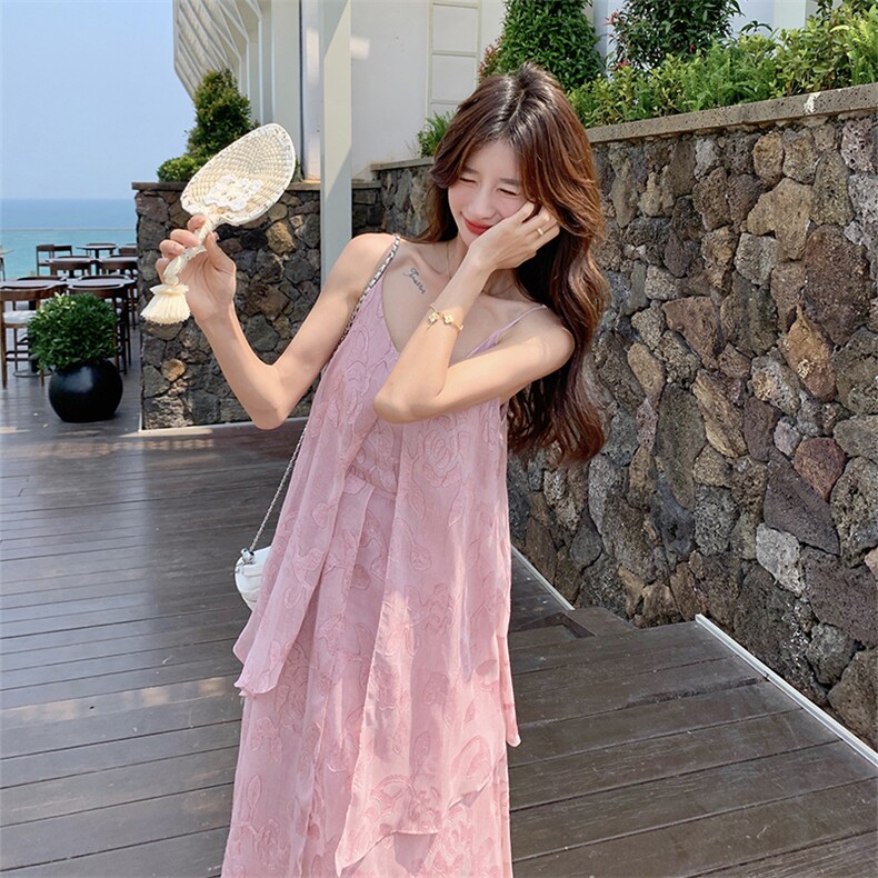 甜美小清新无袖吊带挂脖式连衣裙仙女风夏季裙子纯色,女装连衣裙,2C086