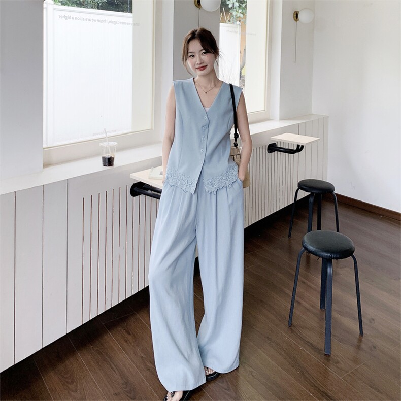 2026夏季新款高级感蕾丝拼接无袖马甲阔腿裤套装女显瘦气质两件套图片