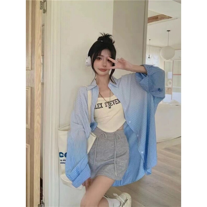 新款大码女装宽松渐变色条纹设计感休闲POLO领衬衫,男装Polo衫,星座1210-1