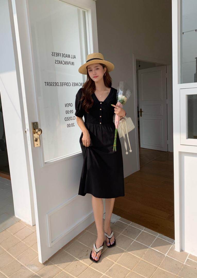 夏季新款V领连衣裙，女装连衣裙，墨初