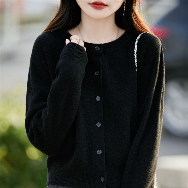 秋冬圆领纯色100%纯羊毛开衫女宽松羊绒衫外套上衣长袖针织衫毛衣,女装羊毛衫,蒙特羊绒