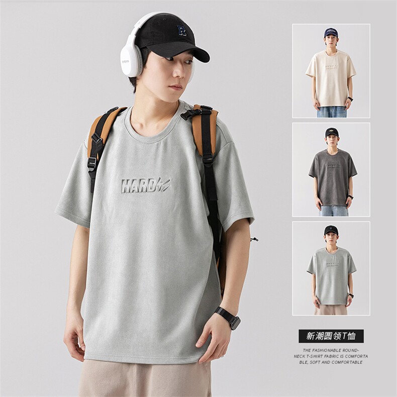 2024夏季新款麂皮绒凹凸字母印花宽松圆领短袖T恤T2305-P35,男装T恤,星座914-3