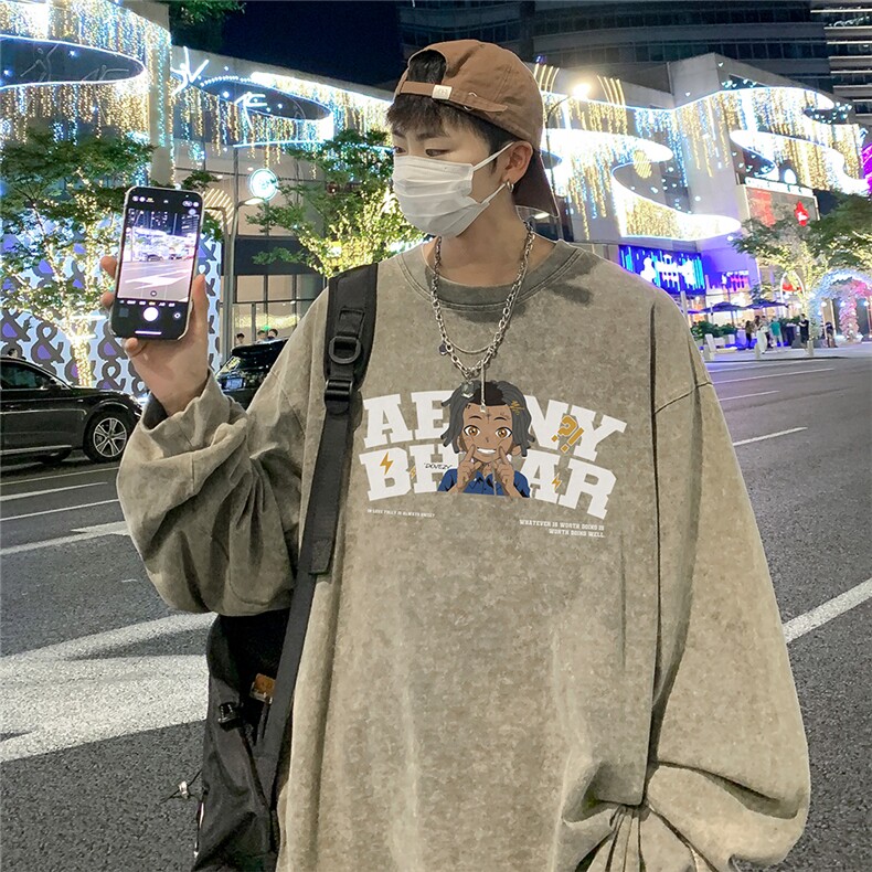 直播品质重磅纯棉美式蜡染水洗做旧潮牌宽松长袖t恤CT317特P38,男装T恤,电商A486