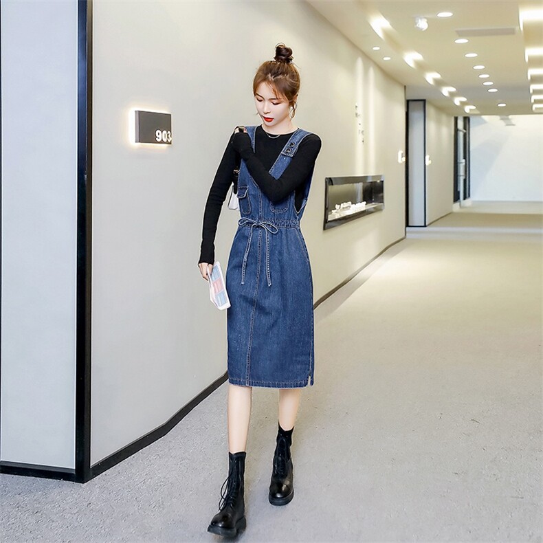 春季新款牛仔背带裙女修身显瘦中长款连衣裙韩版时尚百搭学生装,女装连衣裙,秋水欣儿