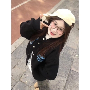 潮牌美式迷宫格贴布字母棒球服外套女春秋季学院风情侣开春夹克图片