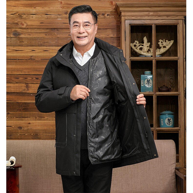 中老年羽绒服男士中长款加厚防寒中年休闲白鸭绒连帽可脱卸外套,男装羽绒服,钱塘6003（原4033）