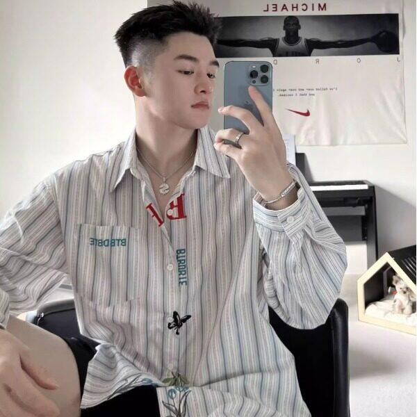 文艺感刺绣衬衫男女长袖春夏防晒休闲宽松外套美式复古竖条纹衬衣，男装衬衫，星座506A