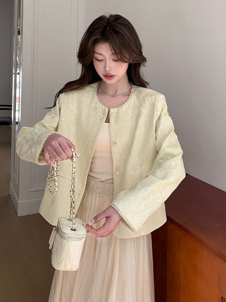 上亮片麻料重工外套春季中国甜美宽松单件短款圆领单排扣2025,女装短外套,浙宝208A