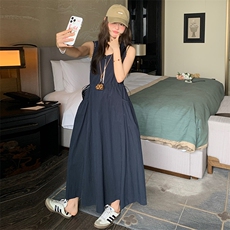 深蓝色圆领无袖连衣裙女2025夏季新款韩系设计感气质显瘦背心长裙，女装连衣裙，浙宝220
