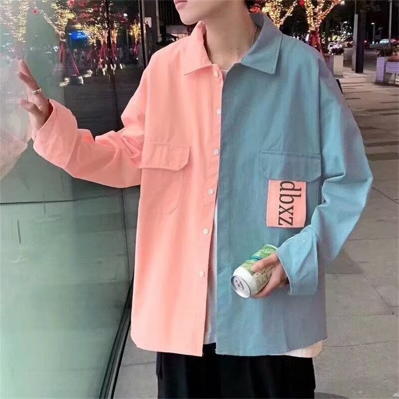 拼接撞色长袖衬衫男设计感小众痞帅衬衣外套夏季潮牌百搭工装寸衫,男装衬衫,星座1210-1