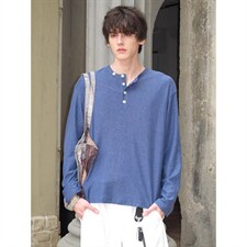 美式复古风亨利领打底衫高克重水洗男士纯色圆领长袖T恤上衣，男装T恤，星座516A