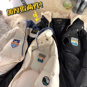 大量现货假两件外套冬季加厚棉衣潮百搭休闲连帽棉袄平铺图图片