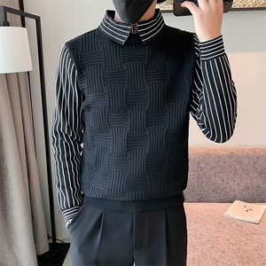 衬衫领毛衣男士秋冬季条纹假两件针织衫男潮痞帅长袖衣服 M846图片