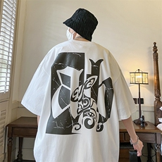 抖音供货、200克现货纯棉印花宽松版型短袖T恤D223A-T23119-P25，男装T恤，电商019-1
