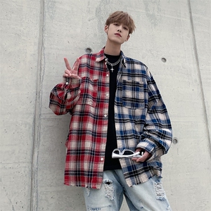 春款美式复古格子衬衫男女春秋2024新款百搭拼色长袖衬衣外套图片