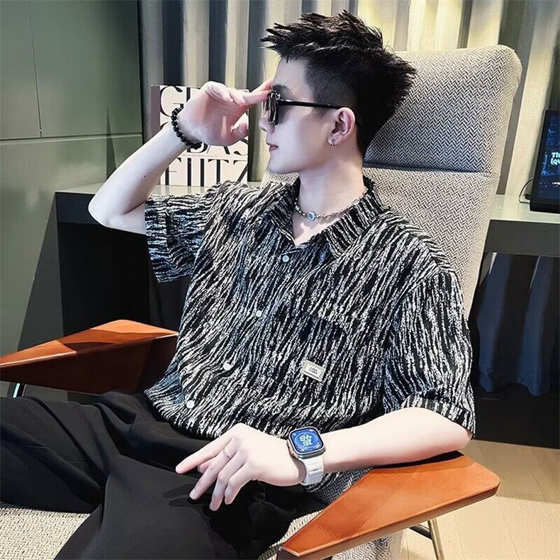 M625-P35复古衬衫夏装港风宽松趣味新款男装上衣图片
