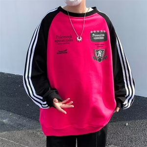 条纹撞色圆领宽松卫衣男女春秋新款松弛感运动长袖衣潮W106-2/P42图片