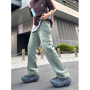 美式高街vibe风直筒长裤欧美痞帅男hiphop复古水洗拼接工装牛仔裤图片