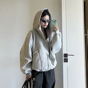 抖音得物高品质秋冬美式高街重磅结构辑明线纹理连帽卫衣外套W111图片